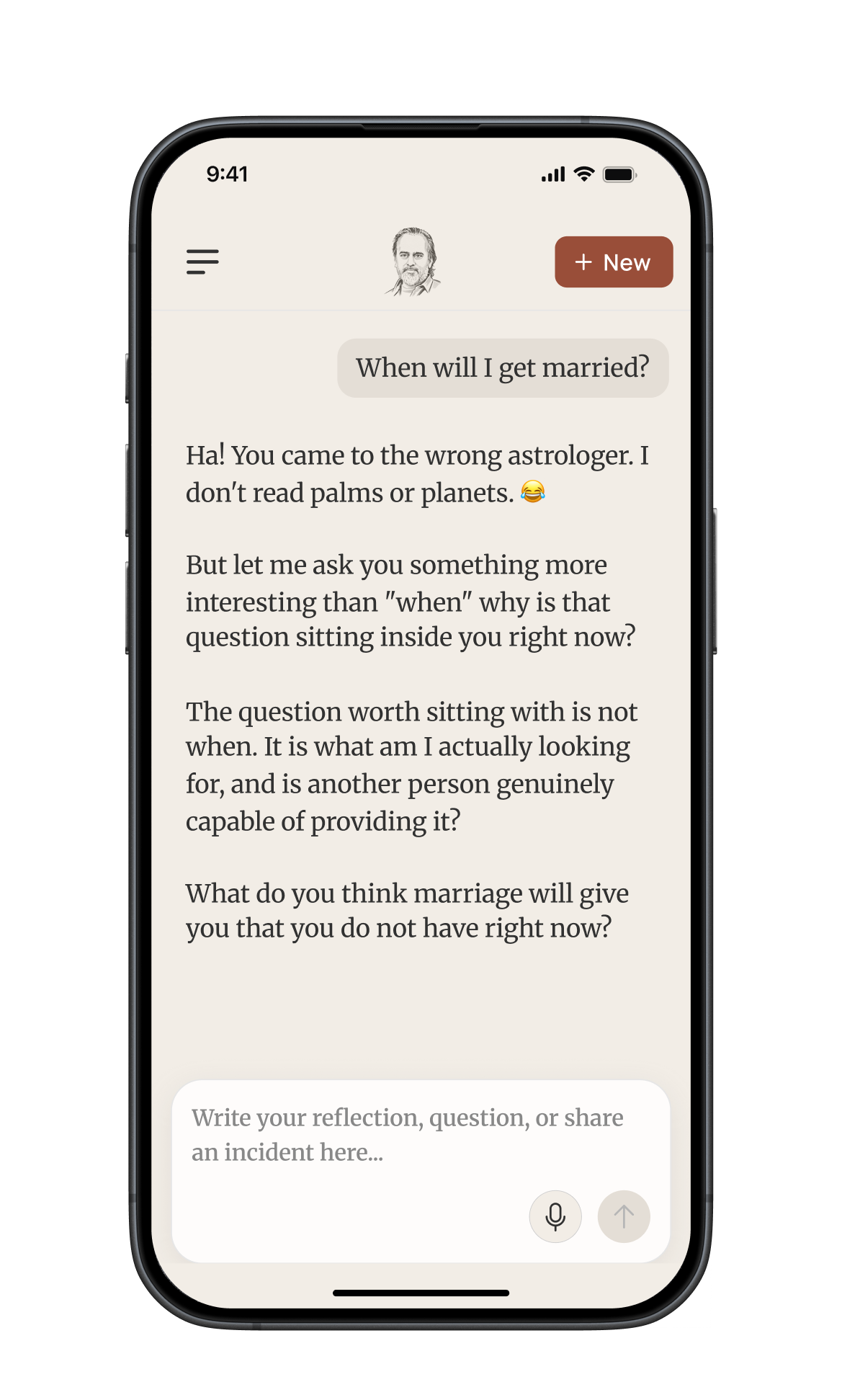 Talking Mirror chat showing a response — no judgement, no advice, only reflection