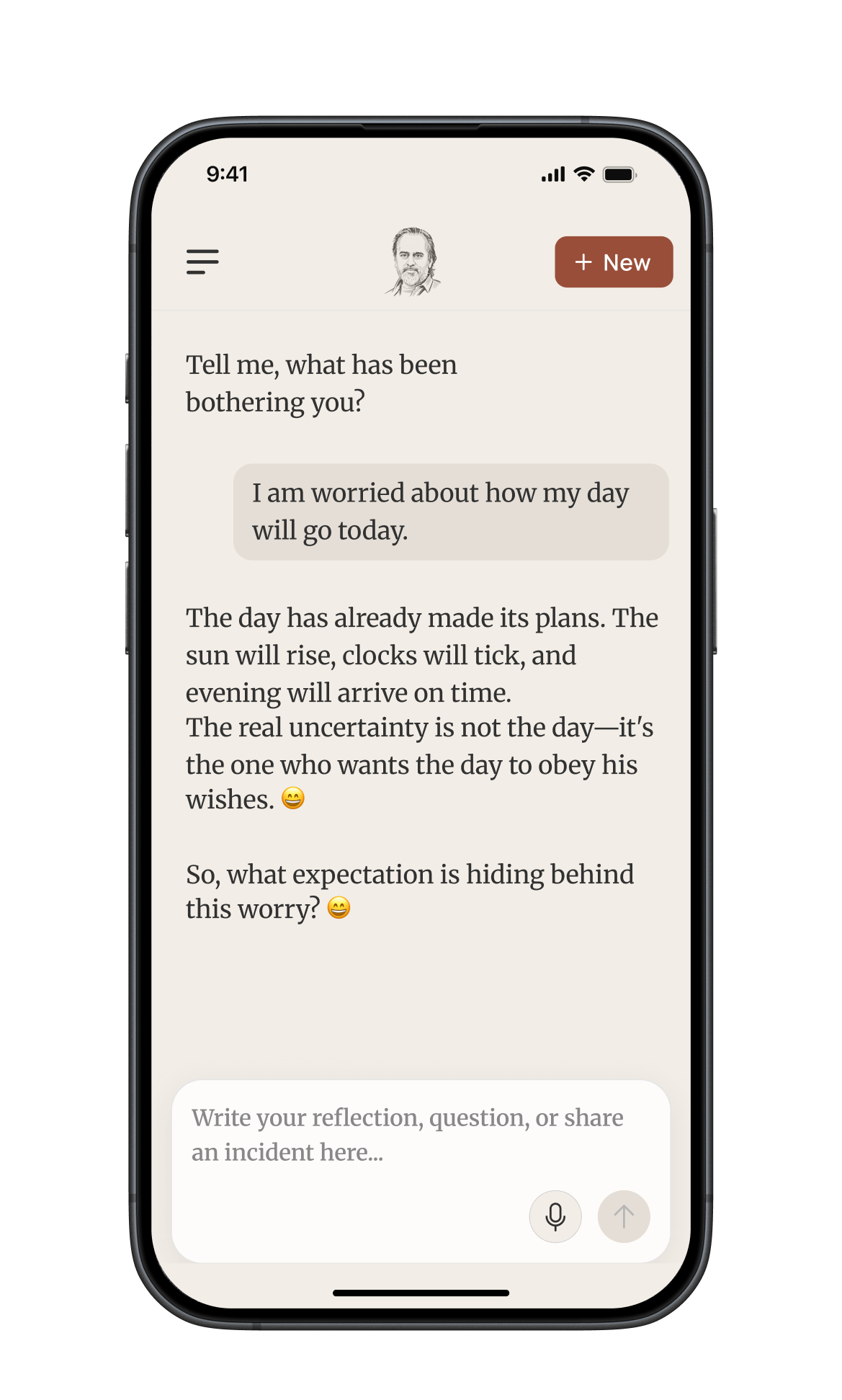 Talking Mirror chat interface — a blank prompt inviting you to write freely
